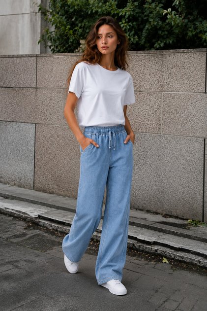 Kadın Orta Mavi Kar Yıkamalı Yüksek Bel Lastikli Wide Leg Jean Pantolon