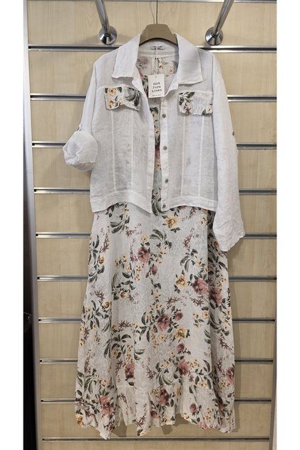 Italian Linen Dress with Jacket, Sleeveless Inside, Floral Pattern
