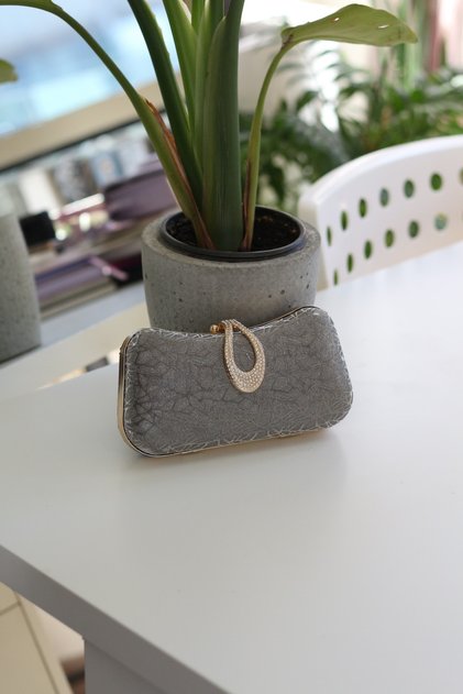 Women's Platinum Patterned Evening Dress Bag with Lock Detail and Chain Case
