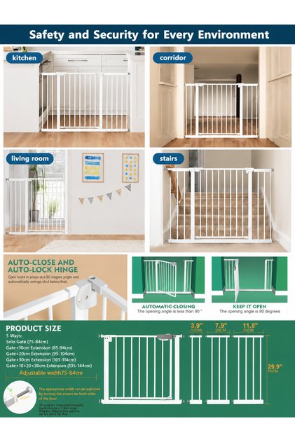 Auto Close Safety Baby Gate, Extra Wide Child Gate 75-84 cm + 10cm Extension Kit Minimum 85cm Maximum 94cm, Baby Gates for Stairs & Doorways, Easy Install (Gate + 10cm Extension Kit)
