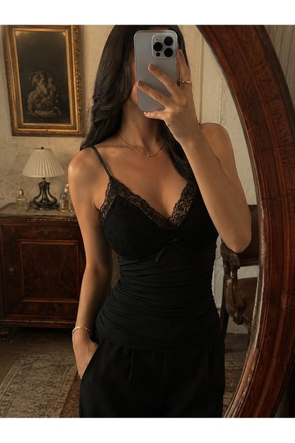 Black Crop Top with Lace Detail and Gathered Straps
