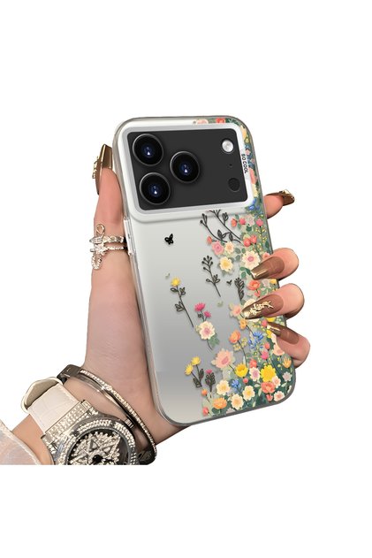 iPhone 17/18 Pro Max Compatible Silicone Edge Hard Back Case Couple Phone Case with Floral Pattern