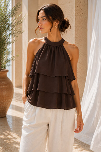 Women's Brown Layered Ruffle Halter Neck Blouse