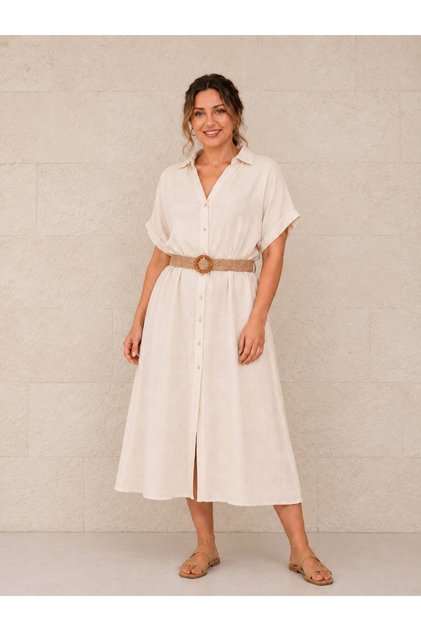 Women's Straw Belted Full Buttoned Cotton Fabric Dress 42-46