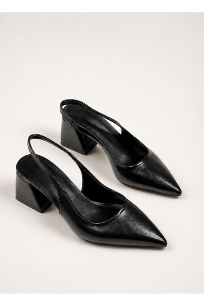 Women's Black Pointed Toe Slingback Short Heeled Shoes Thick Heel Comfortable Daily Stylish Office Classic Evening Dress Stiletto