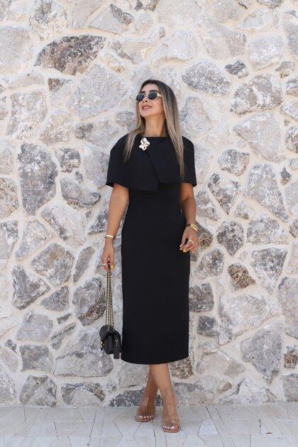 Black Cape Dress with Buckle Detail