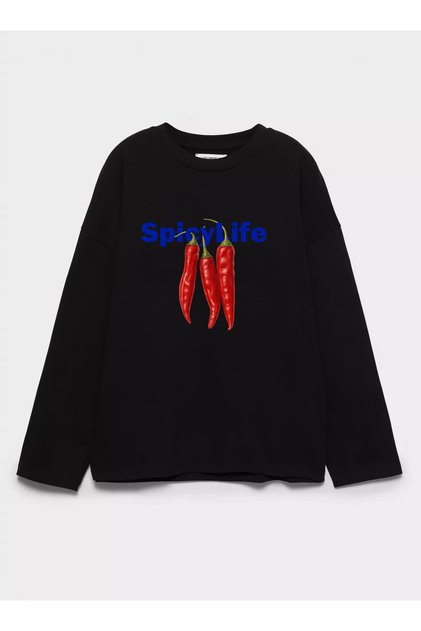 %100 Pamuk Oversize Fit Spicy Life Baskılı - Bisiklet Yaka Uzun Kollu T-shirt