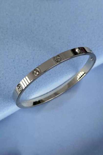 Silver Color Stone Detailed Steel Bracelet