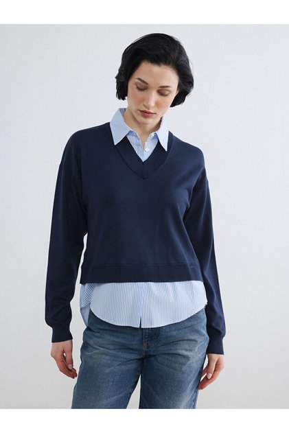 Lcw Vision Navy Blue Shirt Collar Women's Knitwear Sweater