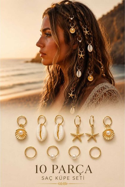 Kadın Gold Yıldız Deniz Kabuk İstiridye İncili Halka Model Saç Küpesi Charm Saç Tokası Saç Yüzük Figürlü Örgü Küpe Aksesuar 10'lu Set