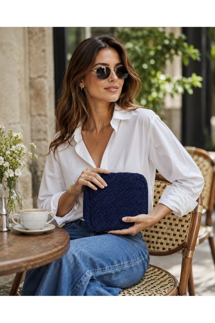 Women's Navy Blue Knitted Portfolio Bag Stylish Clutch Handbag Daily and Event Wear Model 31X20X9 cm