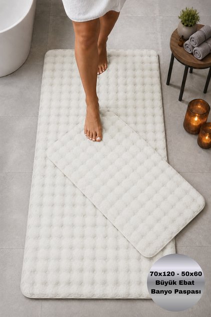 Puffelle Cream Non-Slip Base Machine Washable 70X120 50X60 Soft Textured Bath Mat