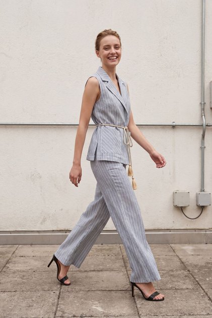 My Fashion Striped Shawl Collar Vest and Wide Leg Pants Set