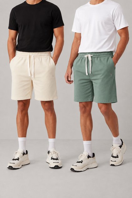 Men's 2-Piece Basic Shorts Set Ecru Soft Green Comfortable Fit Combed Cotton Shorts
