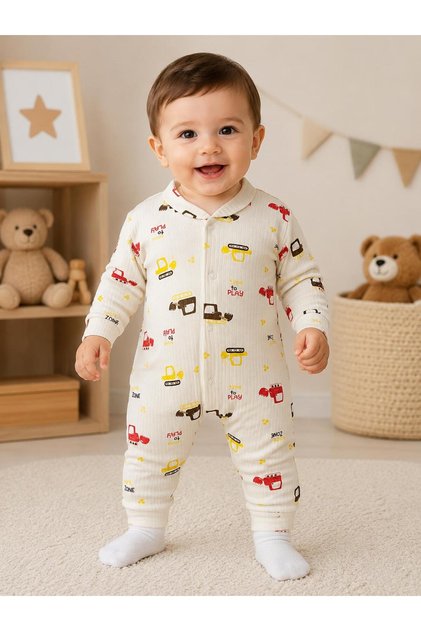Baby Construction Vehicle Patterned Long Sleeve Romper – Soft Cotton Snap-On Baby Bodysuit