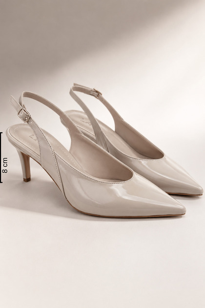 Women's Beige Patent Leather Open Back Stiletto 8 cm Heel Comfortable Full Mold.