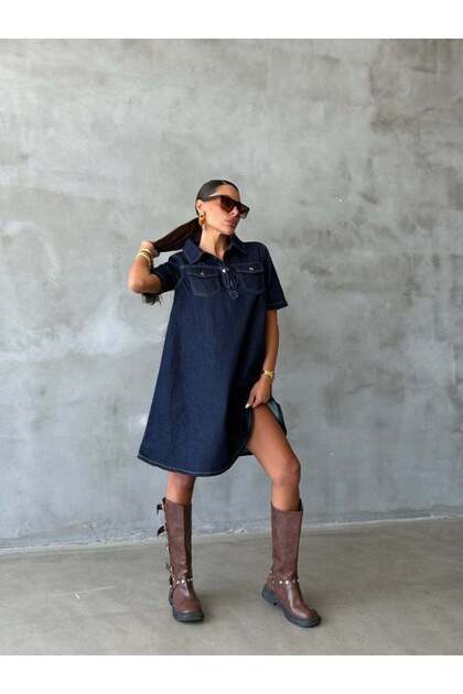 Women's Denim Mini Dress with Chest Pockets and Snap Fasteners, Cotton, Loose Fit