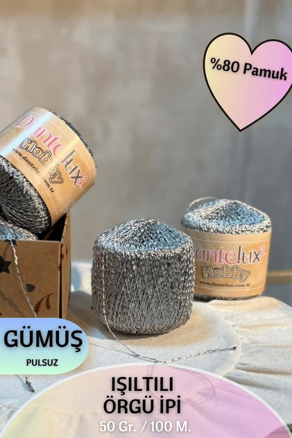 Işıltılı Özle Örgü İpi (%80 Pamuk) 50 Gr. 100 Metre NM: 3 - Gümüş