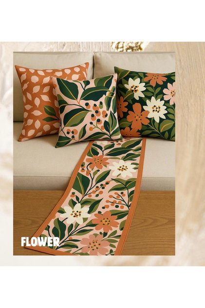 Flower Premium Velvet 5-Piece Combination Set - 4 Cushion Covers 45X45 cm & Runner 50X150 cm Botanical Patterned