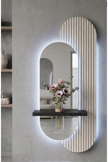 40x90 cm Pleksi Aynalı LED Duvar Dekoru - Raflı, Kumandalı