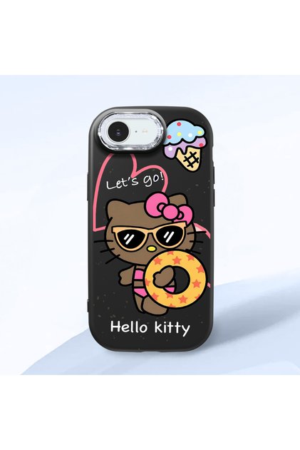 iPhone 16E Compatible Case Camera Protector Black Silicone Couple Phone Case with Kitty Pattern