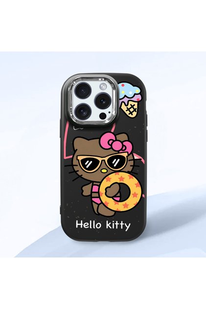 iPhone 15 Pro Compatible Case with Camera Protector Black Silicone Couple Phone Case with Kitty Pattern