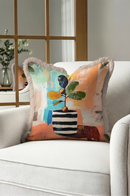 Abstract Botanical Striped Vase Artistic Fringed Pillowcase-Painting Orange Cream Tassel Throw Pillow Cover