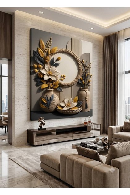 Premium 3D Efektli Özel Tasarım Hasır Vazo ve Çiçek Temalı Dekoratif Duvar Tablosu