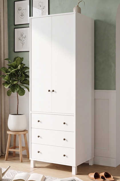 Noren Gardırop Elbise Dolabı 52cm Derinlik 2 Kapak 3 Çekmece Bebek ve Çocuk Odası Beyaz NR5-W