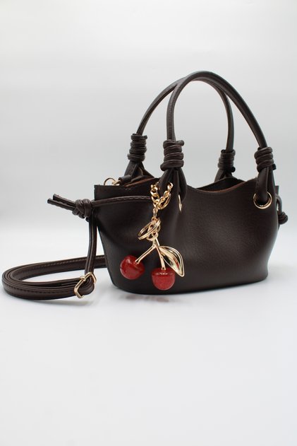 Women's Brown Knot Detailed Crossbody Hand and Shoulder Bag with Cherry Charm Accessory