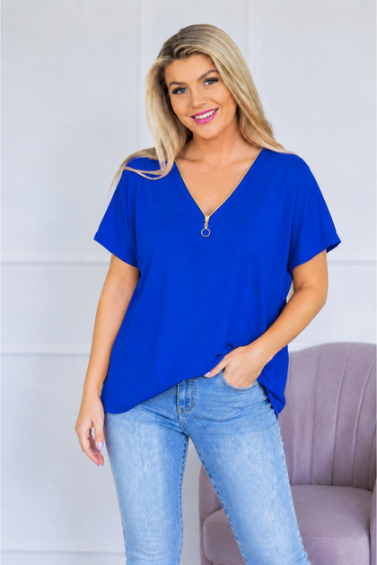 New Season V-Neck Zipper Detailed Cotton Plus Size Blouse