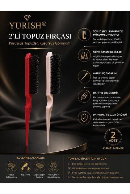 Yeni Nesil Topuz Fırçası 2'Li Set Kırmızı&Pembe