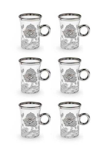 Dove 6-Piece Glass Tea Cup Set with Glass Handles, Clear/Silver, 95ML