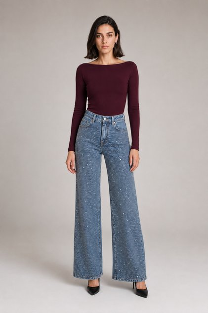 Women's High Waist Palazzo Jeans with Dense Rhinestones and Lycra