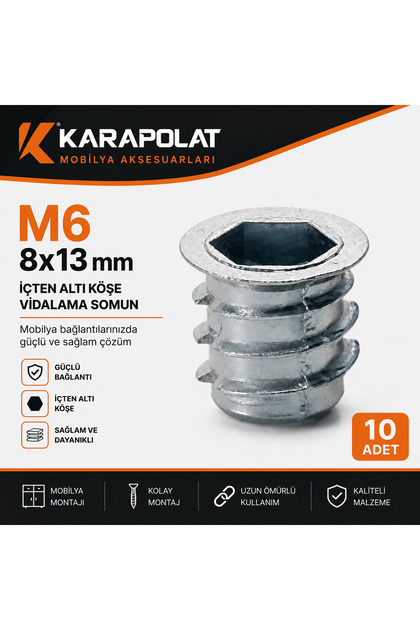 M6 8x13 mm İçten Alyan Altı Köşe Vidalama Somunu – Metal Dişli Insert Somun – Mobilya Bağlantı Elemanı – 10 Adet