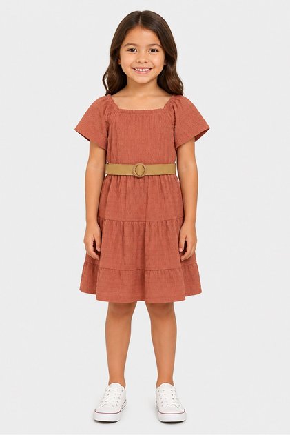 Kids Girl Textured Short Sleeve Dress, Rust Brown
