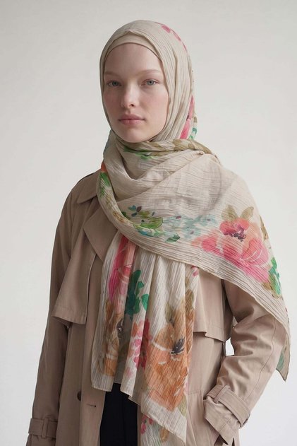 Beige Leaf Patterned Muslin Shawl