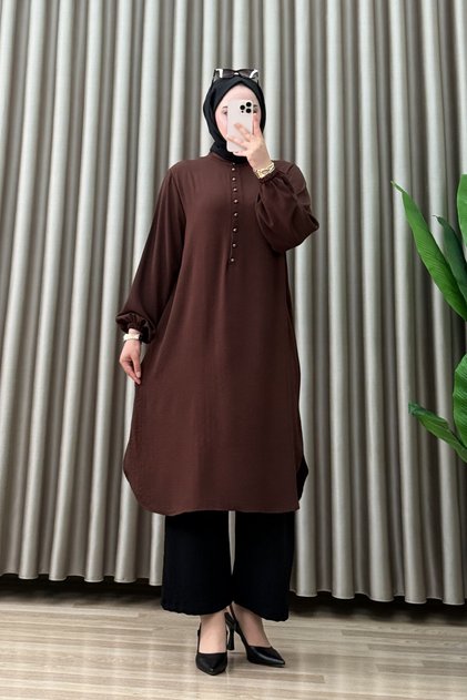 Saadet Tunic Ayrobin Fabric Women's Bitter Brown Collar Openable Buttoned Elastic Sleeves Comfortable Cut Tunic
