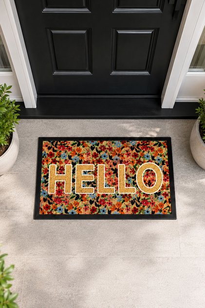 Hello Non-Slip Base Washable Digital Colorful Floral Door Mat Indoor & Outdoor Mat