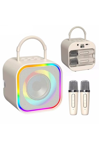 beige Karaoke Dual Wireless Bluetooth Microphone Portable Speaker Mic For iPhone Android Mobile Cell