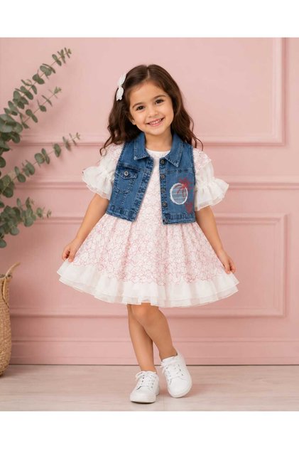 Girl's Floral Embroidered Denim Vest and Lace Detailed Tutu Dress Stylish Combination