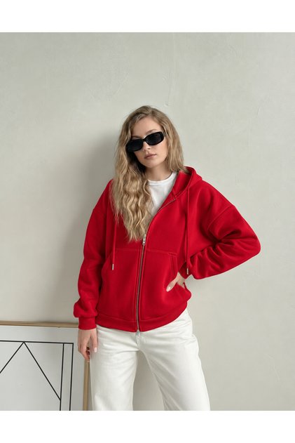 KADIN 3 İPLİK KAPÜŞONLU FERMUARLI OVERSİZE SWEATSHIRT HIRKA