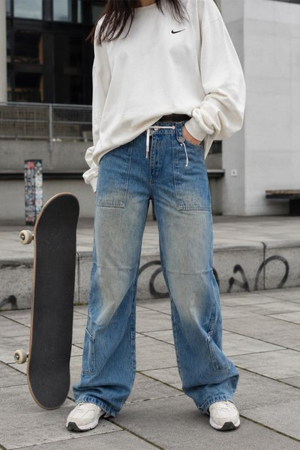 Unisex Blue Washed Baggy Jeans with Rope Belt Detail