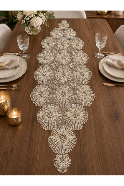Dilek Gold Glitter Cream Lace Runner/Table-Console Cover