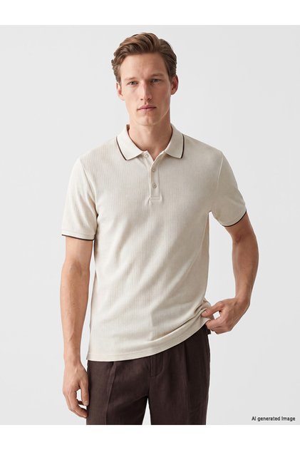 Vizyon New Season Beige Polo Collar Textured Men's T-Shirt