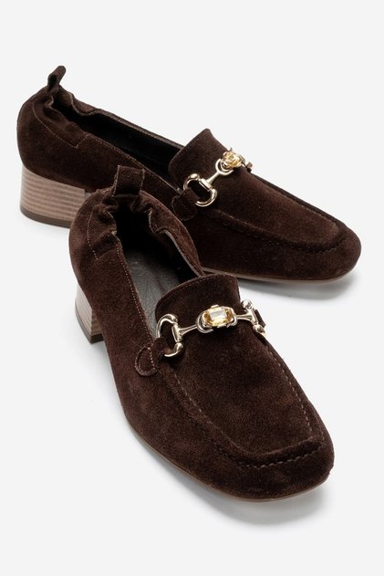 Fennisa Women's Genuine Leather Stone Detailed Short Heeled Loafer Shoes Brown Suede