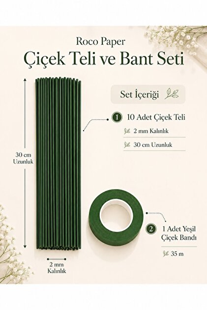 PVC Plastik Kaplı Yeşil Çiçek Tel ve Bant Seti, 2 mm - 30 cm, 10 Adet Bitki Sabitleme ve Hobi Teli