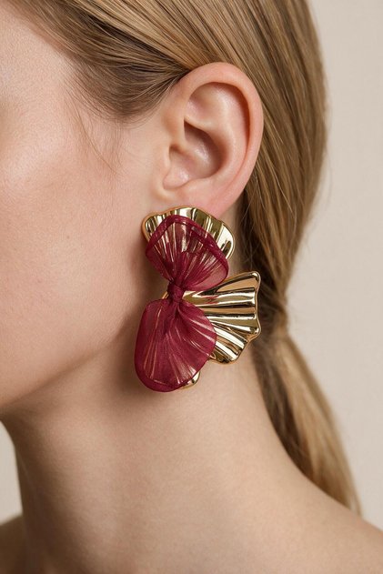Women's Gold Burgundy Organza Bow Detailed Earrings