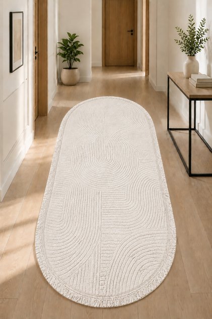 Klasik Saçaklı Oval Kesim Tüylü Joy Rölyef Kaymaz Taban Yıkanabilir Halı Kilim Krem