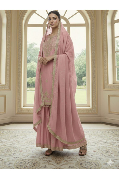 Pink Chinon Embroidered Sharara Suit Set - HRT7360 | Pink-Size:L-40-Inches